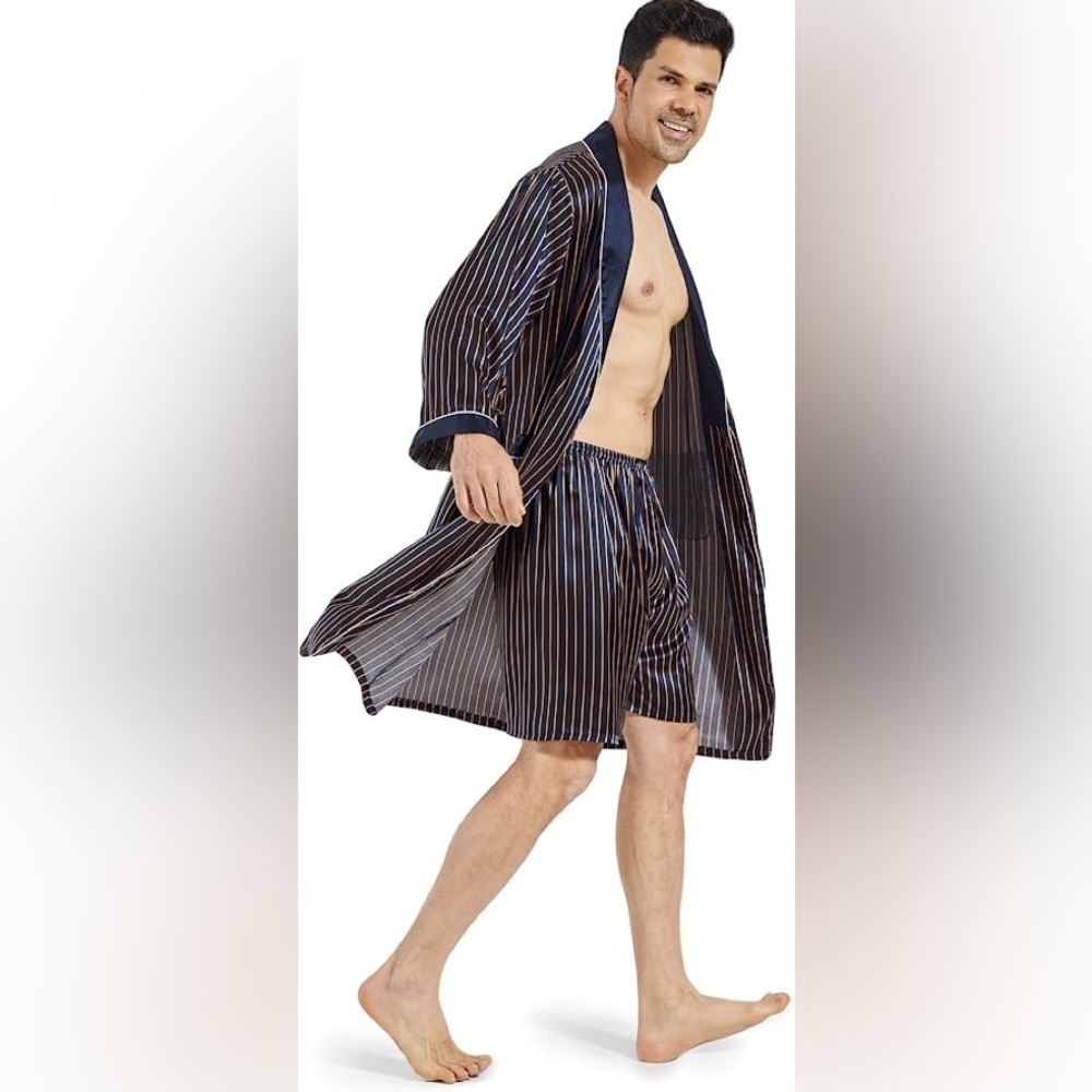 New Mens Silky Pajama Robe Short Set w/ 2 Pockets Multiple Sizes